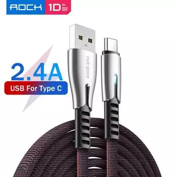 ROCK USB-кабель типа C, 2,4 А, быстрая зарядка через USB, зарядное устройство типа C, кабель для передачи данных, провод из цинкового сплава USB-C чёрный