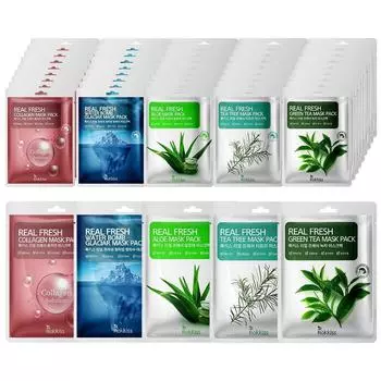Rockies Real Fresh Mask Pack Glacier Water 10 шт. + Collagen 10 шт. + Tea Tree 10 шт. + Aloe 10 шт. + Green Tea 10 шт. Набор, 1 набор