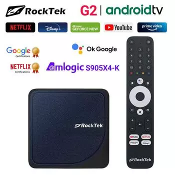 RockTek G2 4K Android TV 12 Stream Box с Netflix, сертифицированный Google Amlogic S905X4-K 4G64G H.265 Wifi6 1000M LAN BT5.0 ATV Box 4G64G чёрный/синий