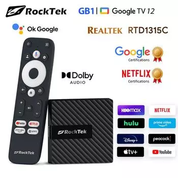 RockTek GB1 Google TV 12 Dongle Netflix & Google Certified 2G 16G DDR4 Realtek1315C Support Dolby Atmos Vision 2T2R Wifi Mini Box 2G32G