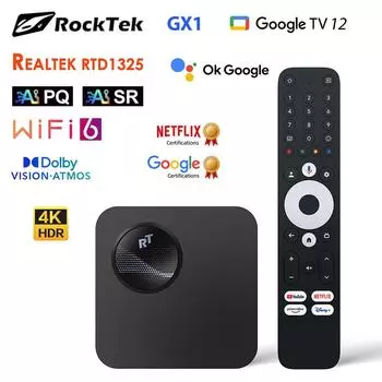 RockTek GX1 UHD Google TV Box Netflix Сертифицировано Google 4 ГБ 32 ГБ Поддержка процессора Realtek1325 Dolby Atmos Vision 2T2R Wifi6 BT5.2 Android TV Box 4G32G чёрный
