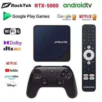 RockTek RTX5000 GameStream Pro TV игровая приставка AndroidTV 12 с Netflix сертифицированная Google Amlogic S905X4-K 4 ГБ 64 ГБ Wifi6 1000M LAN BT5.0 ATV Box 4G64G чёрный