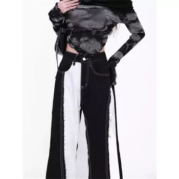 Rockulzzang Асимметричные джинсы для женщин 2024 г. Винтажная уличная одежда с высокой талией Прямые брюки полной длины с контрастными цветными блоками S чёрный