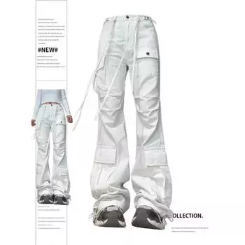 Rockulzzang белые брюки-карго с карманами с клапаном женские 2024 новые модные джинсы с высокой талией уличная одежда на шнуровке расклешенные джинсы полной длины S чёрный