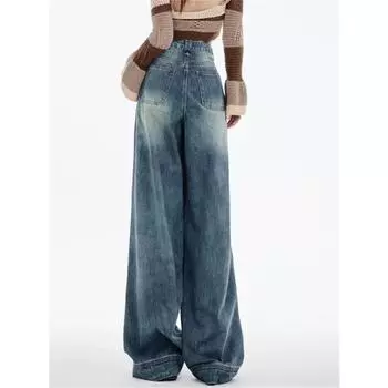 Rockulzzang градиентные потертые синие джинсы, прямые джинсы, женские брюки, новинка 2024 года, модные винтажные свободные повседневные брюки с высокой талией, полная длина, широкие брюки S синий