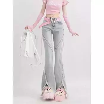 Rockulzzang синие расклешенные джинсы для женщин на шнуровке, новинка 2024 года, модные винтажные тонкие уличные брюки с низкой талией, шикарные расклешенные брюки полной длины с разрезом S синий