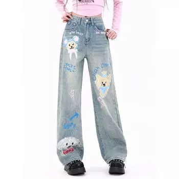 Rockulzzang Собачий принт Синие джинсы для женщин Новая мода Винтаж Свободные прямые джинсы с высокой талией Шикарная уличная одежда Длинные широкие джинсы S синий