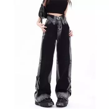 Rockulzzang Tie Dye Gradient Серый Черный Джинсовые Манжеты Мешковатые Джинсы Женские 2024 Винтажные Прямые Уличные Джинсы с Высокой Талией Длинные Широкие Джинсы S темно серый