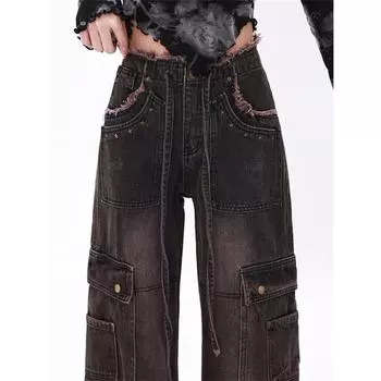 Rockulzzang винтажные брюки-карго женские 2024 новые модные свободные потертые прямые джинсы с высокой талией шикарные широкие джинсы бойфренда S темно серый