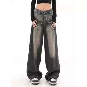 Rockulzzang винтажные мешковатые джинсы женские повседневные старые отбеленные джинсы с высокой талией шикарные прямые длинные широкие джинсы во всю длину S темно-серого