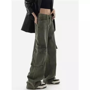 Rockulzzang зеленые джинсы-карго с карманами и клапаном, женские и мужские винтажные свободные уличные брюки с высокой талией, прямые широкие мешковатые брюки S армия зеленый