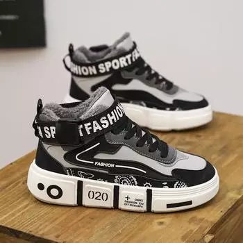 Родитель-ребенок Мужчины Дети Зимние Ботинки Высокие Теплые Хлопковые Кроссовки Мальчики Студенты Прогулки Скейтборд Повседневная Обувь с Мягкой Подкладкой 30 чёрный