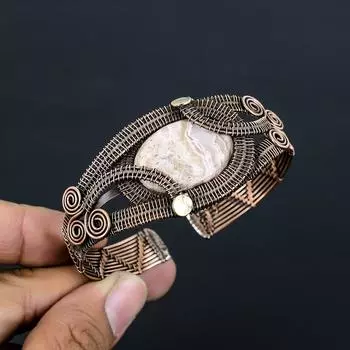 Родохрозит Драгоценный камень Чистая медная проволока Обернутая вручную манжета/браслет Ювелирные изделия Adjustable розовый