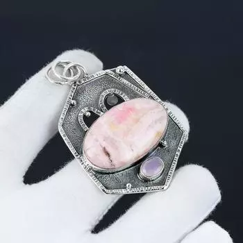 Родохрозит, розовый халцедон драгоценный камень кулон, натуральный родохрозит драгоценный камень ручной работы 925 стерлингового серебра кулон для женщин кулон для подарков 5.5 Cm. розовый