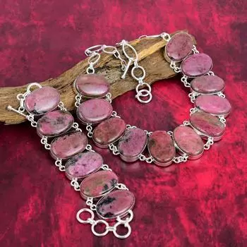 Родонит 925 пробы, ожерелье и браслет, комплект ювелирных изделий, великолепный комплект ювелирных изделий из драгоценных камней, натуральные украшения ручной работы для подарка Adjustable With 8 -18 розовый