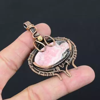 Родонит драгоценный камень чистая медная проволока обернутая подвеска ручной работы ювелирный подарок 2.60 Inches розовый