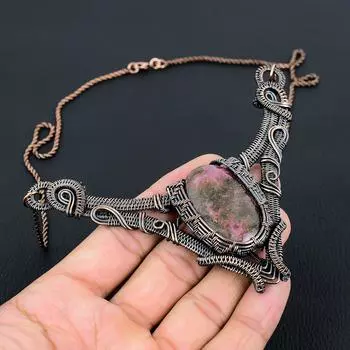 Родонит драгоценный камень чистая медная проволока обернутая ожерелье ручной работы ювелирные изделия для подарка 18 Inches розовый