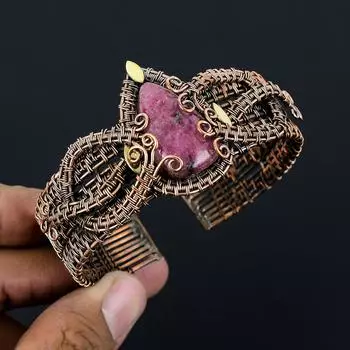 Родонит драгоценный камень ручной работы из медной проволоки ювелирные изделия регулируемый браслет для женщин Adjustable розовый