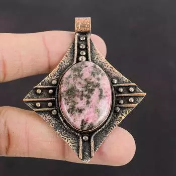 Родонитовый кулон, медный кулон, ручная работа, родонит, ювелирные изделия, высококачественный драгоценный камень, кулон, уникальный медный дизайн, ювелирные изделия, подарок для нее
