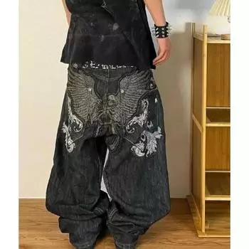 RogueWave Американские джинсы Вышитые брюки с черепом Y2K High Street Летний свободный деним Тренд Ретро Хип-хоп Повседневные джинсы Уличная одежда S