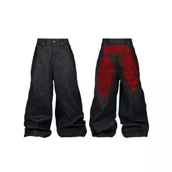 RogueWave Американские джинсы Y2K с вышивкой Красного Дракона с широкими штанинами Мужские Ретро Тяжелая Промышленность Вареные Харадзюку Хип-хоп Свободные Повседневные Джинсы S