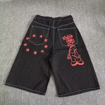 RogueWave Американский мультяшный принт Широкие джинсовые укороченные брюки Свободные повседневные прямые шорты S синий