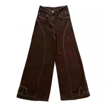 RogueWave Большой размер Коричневые мешковатые джинсы Женские Ретро Швы перевернутой строчкой С высокой талией Широкие брюки Хип-хоп Корейский уличный стиль S коричневый