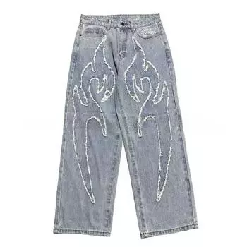 RogueWave Джинсы-багги Y2k с необработанным краем, узором, в стиле хип-хоп, панк, деним, мешковатые ретро прямые широкие брюки, уличная одежда 28 небесно-голубой
