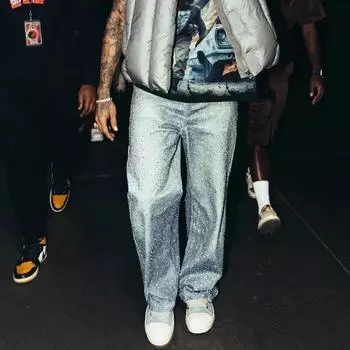 RogueWave Джинсы мешковатого кроя с принтом из страз, выстиранные, голубые, мужские и женские, Ropa Hombre, уличная одежда, однотонные повседневные джинсовые брюки, свободные карго S