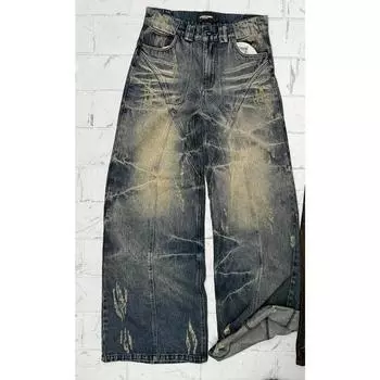 RogueWave Джинсы с винтажной стиркой Одежда Y2K Мужские Женские Ретро Рваные Мешковатые Джинсы Панк-рок Низкая Посадка Широкие Брюки Уличная Одежда S синий