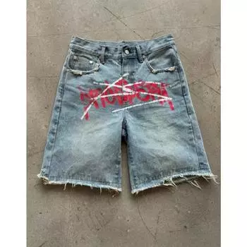 RogueWave Харадзюку Уличный Хип-Хоп Повседневные Свободные Прямые Джинсы Мужские Американские Y2K Принт Буквами Модные Универсальные Джинсовые Шорты Женские S