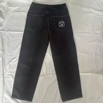 RogueWave Кавайные Мультяшные Персонажи Вышитые Светло-Голубые Вываренные Мешковатые Джинсы Y2K Харадзюку Готика Штаны для Скейтборда Уличная Одежда S чёрный