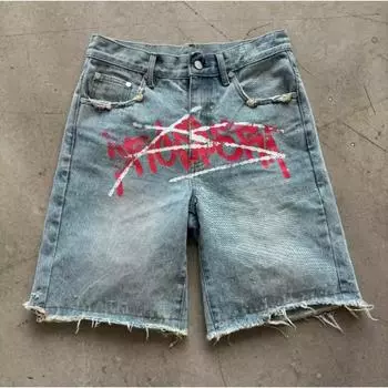 RogueWave New Harajuku Letter Black Jeans Hip Hop Vintage Baggy Shorts Casual Gym Denim Shorts Streetwear S синий
