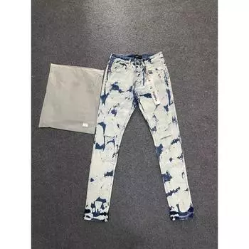 RogueWave New Jeans Мужская мода Американская уличная одежда Ретро Вываренный синий белый рваный Заниженная талия Эластичные узкие джинсы 28