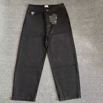 RogueWave Ретро Мешковатые Скейтборд Уличная одежда Вышивка Джинсы с высокой талией Y2K Парная мода Баскетбольные штаны Одежда S чёрный