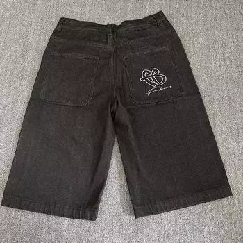 RogueWave Вышивка Y2k Шорты Джинсовые Мешковатые Шорты в Стиле Хип-Хоп Гранж Уличная Одежда Широкие Шорты до Колена 32 чёрный