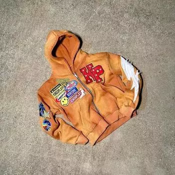 RogueWave Y2K Новое Повседневное Худи Джокер с Вышивкой Большими Буквами для Мужчин и Женщин Уличный Стиль Парная Куртка Ретро Свободная Толстовка на Молнии M жёлтый