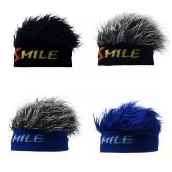 Рок-шапка-бини без полей, вязаная забавная короткая шапка для волос, спортивная поддельная шапка для волос для женщин black-black wig