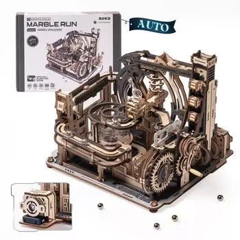 ROKR 3D Puzzle Electric Marble Run Spaceport Movable Model Mechanical Wooden 3D Wooden Puzzle Craft Kit DIY Craft Assembly Kill Time Educational Toy