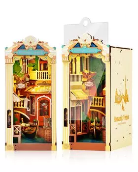 Rolife DIY Book Nook Romantic Venice 3D Puzzle Miniature House Kit Bookend Bookstand LED Book shelf Decoration with Dust Plate Handmade Kit Assembly