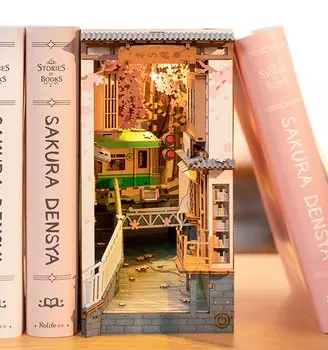 Rolife DIY Книжный уголок Поезд с цветущей вишней 3D-головоломка Миниатюрный домик Комплект Подставка для книг Светодиодная книжная полка Украшение ручной работы Сборка Деревянный