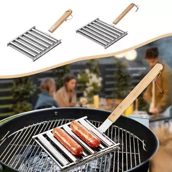 Ролик для хот-догов, роликовая стойка для колбас из нержавеющей стали с удлиненной деревянной ручкой, гриль для хот-догов-барбекю для равномерно приготовленных хот-догов, вместимость 5 хот-догов One Size