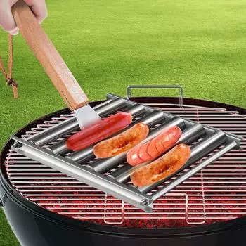 Ролик для хот-догов с деревянной ручкой, стойка для сосисок, ролик для хот-догов из нержавеющей стали, гриль, аксессуары для гриля S