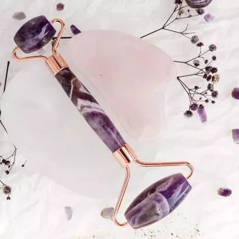 Ролик из аметиста и сердце из розового кварца Гуа Ша