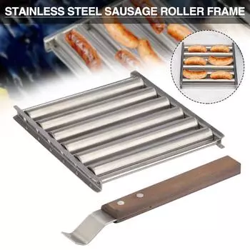 Роликовая стойка для колбас с удлиненной деревянной ручкой Ролик для хот-догов Гриль для барбекю из нержавеющей стали для равномерного приготовления