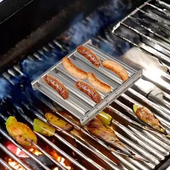 Роликовая стойка для колбасы Ролик для гриля для хот-догов из нержавеющей стали пищевой категории 5 Емкость для хот-догов с удлиненной деревянной ручкой серебряный