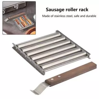 Роликовая стойка для колбасы Ролик для гриля для хот-догов из нержавеющей стали пищевой категории 5 Емкость для хот-догов с удлиненной деревянной ручкой серебряный