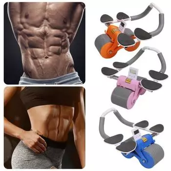 Роликовое колесо для пресса с коленным ковриком и таймером. Тренажер для брюшного пресса с автоматическим отскоком. Силовая тренировка для брюшного пресса. Оборудование для тренировок. Колеса для упражнений. синий