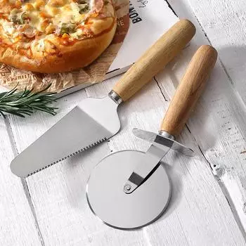 Роликовый нож для пиццы из нержавеющей стали и лопаточка, 2 предмета, ручной нож с деревянной ручкой, резак со средней ручкой, резак для пирогов