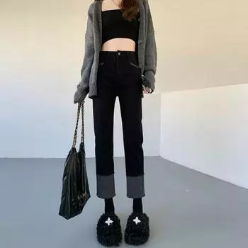 Roll Hem Stitching Stretch High Waist Small Straight Leg Slim Jeans S чёрный